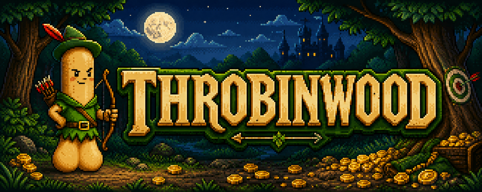 Throbinwood pixel-art banner showing a woodland outlaw, moonlit castle and scattered gold